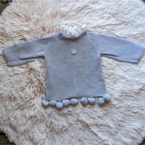 Papillon Grey Knit 2-piece Pom Pom Removable Collar Outfit 6 months - Picture 4 of 11